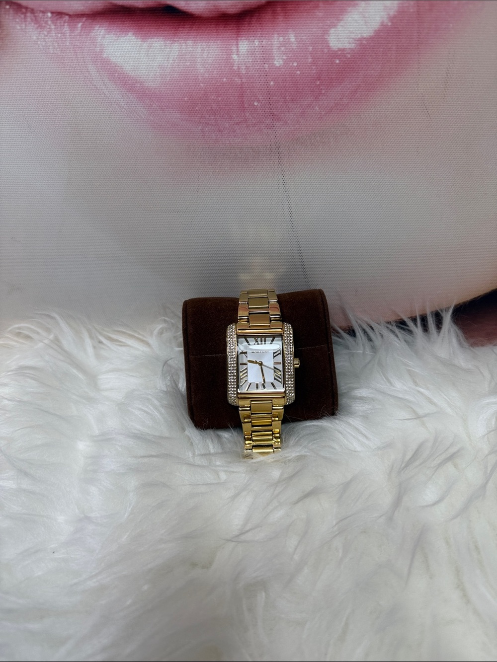 Michael Kors Gold-Tone Rectangular Crystal Bracelet Watch with White Dial